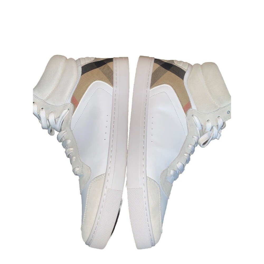 Burberry - Men's Reeth Leather House Check High-Top Sneakers White Size 12 - Picture 8 of 16
